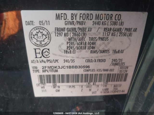 Продажа на аукционе авто 2011 Ford Edge Sel, vin: 2FMDK3JC1BBB30596, номер лота: 12569605