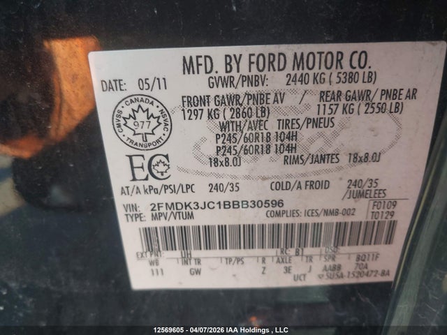 Продажа на аукционе авто 2011 Ford Edge Sel, vin: 2FMDK3JC1BBB30596, номер лота: 12569605