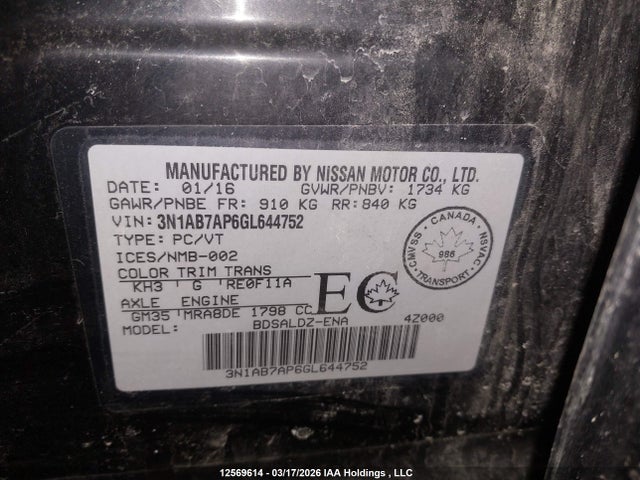 3N1AB7AP6GL644752 Nissan Sentra S/sv/sr/sl