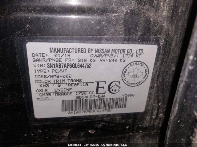 3N1AB7AP6GL644752 Nissan Sentra S/sv/sr/sl