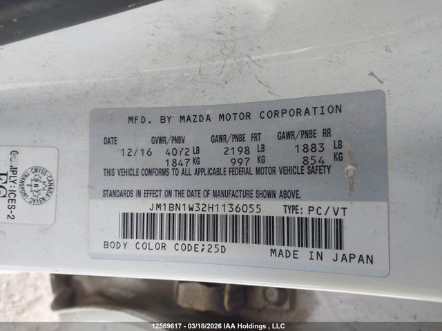 Продаж на аукціоні авто 2017 Mazda 3 Grand Touring, vin: JM1BN1W32H1136055, номер лоту: 12569617