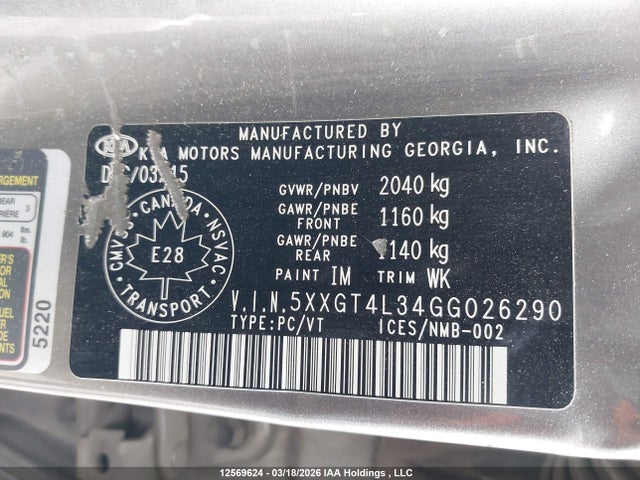 5XXGT4L34GG026290 KIA Optima Lx
