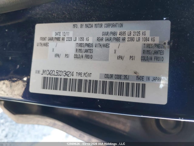 Aukcja sprzedaży 2012 Mazda Mazda5 Gs, vin: JM1CW2CL5C0134214, numer aukcji: 12569626