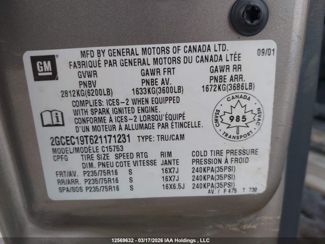 Продаж на аукціоні авто 2002 Chevrolet Silverado 1500 Ls/lt, vin: 2GCEC19T621171231, номер лоту: 12569632