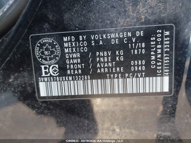 Aukcja sprzedaży 2019 Volkswagen Jetta 1.4 Tsi Highline, vin: 3VWE57BUXKM132289, numer aukcji: 12569633