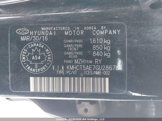 KMHCT5AE7GU286794 Hyundai ACCENT SE