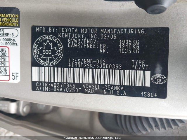 Aukcja sprzedaży 2005 Toyota Camry Le/xle/se, vin: 4T1BE32K75U060363, numer aukcji: 12569639
