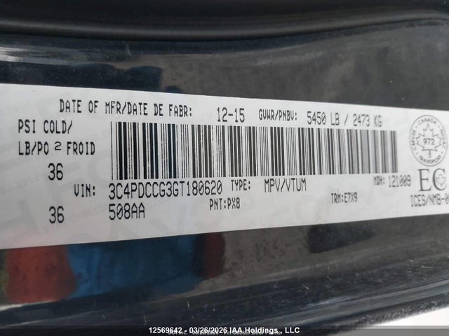 Продаж на аукціоні авто 2016 Dodge Journey Sxt/limited, vin: 3C4PDCCG3GT180620, номер лоту: 12569642