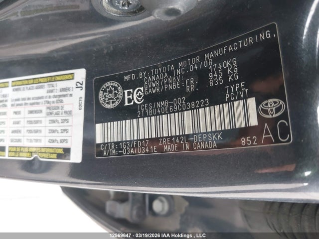 2009 Toyota Corolla S/le/xle მანქანა იყიდება აუქციონზე, vin: 2T1BU40E69C038223, აუქციონის ნომერი: 12569647