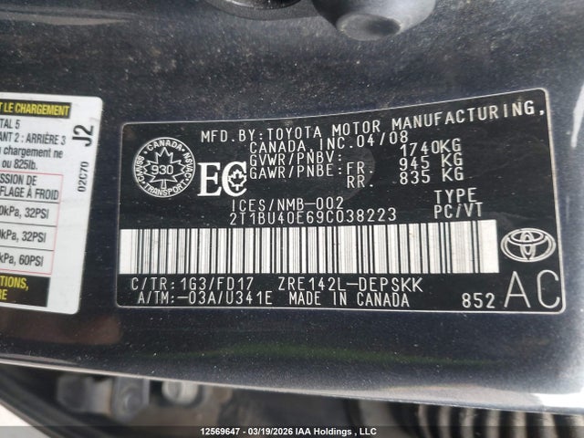 2009 Toyota Corolla S/le/xle მანქანა იყიდება აუქციონზე, vin: 2T1BU40E69C038223, აუქციონის ნომერი: 12569647