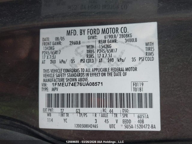 Продажа на аукционе авто 2006 Ford Explorer Eddie Bauer, vin: 1FMEU74E76UA08571, номер лота: 12569655