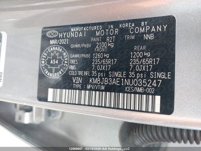 Продажа на аукционе авто 2022 Hyundai Tucson Essential Fwd, vin: KM8JB3AE1NU035247, номер лота: 12569657