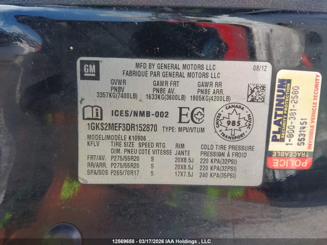 12569658 :رقم المزاد ، 1GKS2MEF3DR152870 vin ، 2013 Gmc Yukon Xl 1500 Denali مزاد بيع