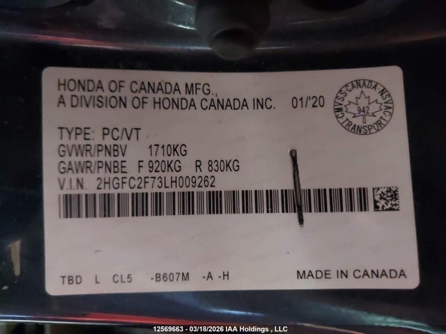 Aukcja sprzedaży 2020 Honda Civic Ex, vin: 2HGFC2F73LH009262, numer aukcji: 12569663