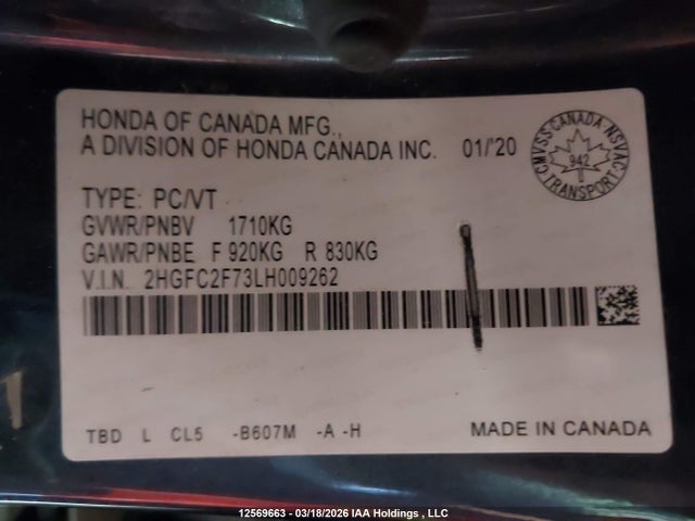 Aukcja sprzedaży 2020 Honda Civic Ex, vin: 2HGFC2F73LH009262, numer aukcji: 12569663