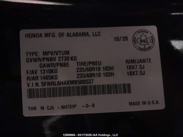 5FNRL6H4XMB500537 Honda ODYSSEY EX
