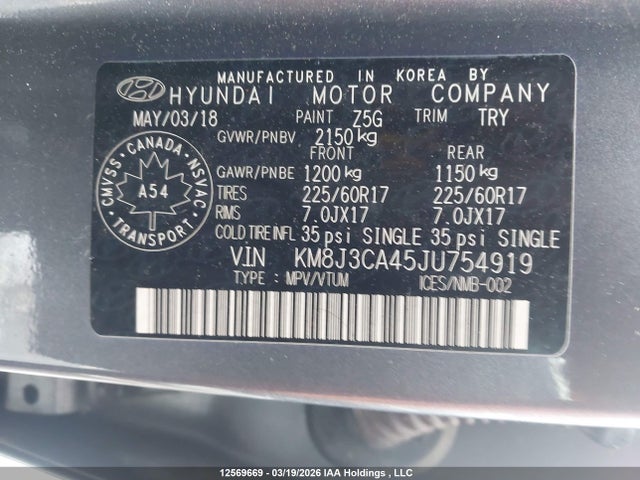12569669 :رقم المزاد ، KM8J3CA45JU754919 vin ، 2018 Hyundai Tucson Premium 2.0l مزاد بيع