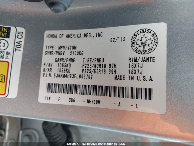2015 Honda Cr-v მანქანა იყიდება აუქციონზე, vin: 5J6RM4H93FL803702, აუქციონის ნომერი: 12569677