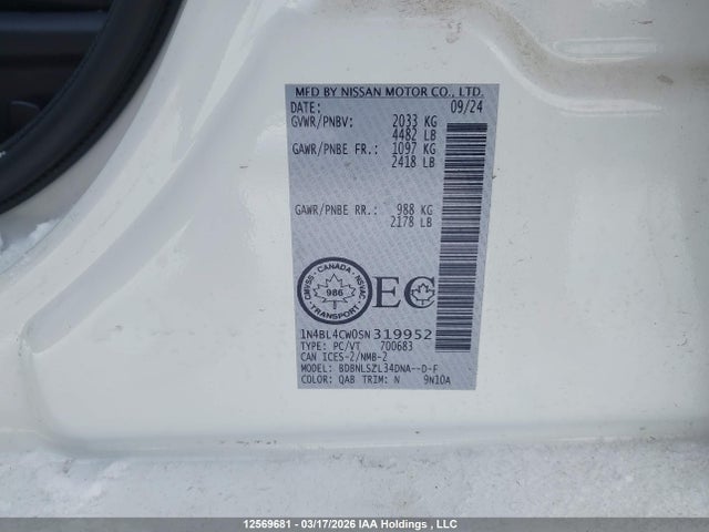 2025 Nissan Altima Sr მანქანა იყიდება აუქციონზე, vin: 1N4BL4CW0SN319952, აუქციონის ნომერი: 12569681
