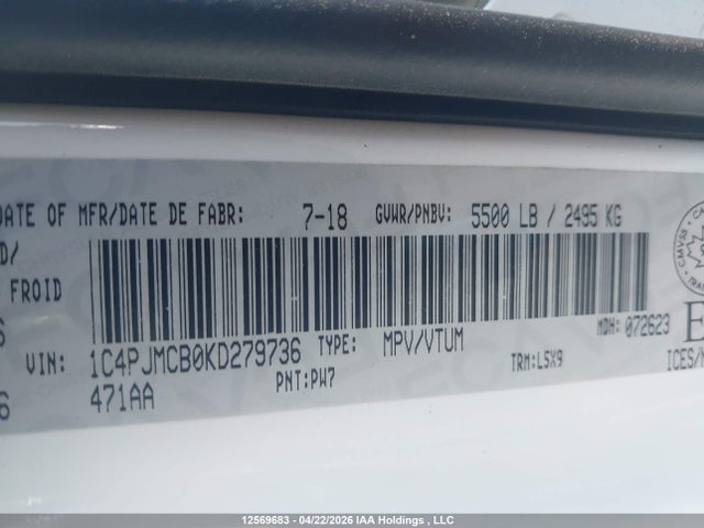 Продажа на аукционе авто 2019 Jeep Cherokee North, vin: 1C4PJMCB0KD279736, номер лота: 12569683