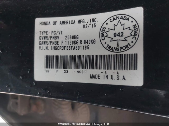 1HGCR3F86FA801165 Honda Accord Ex-l V6