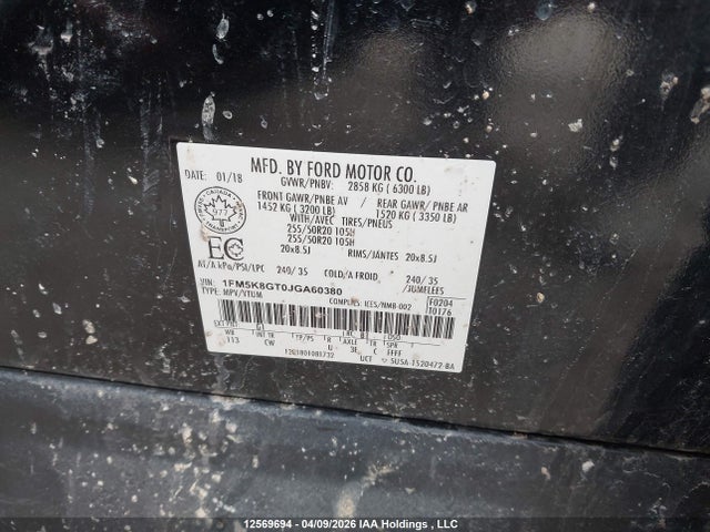 1FM5K8GT0JGA60380 Ford EXPLORER SPORT