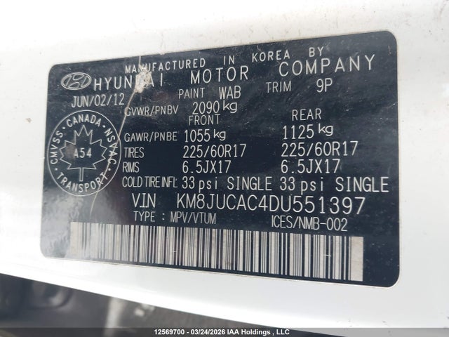 12569700 :رقم المزاد ، KM8JUCAC4DU551397 vin ، 2013 Hyundai Tucson Gls مزاد بيع