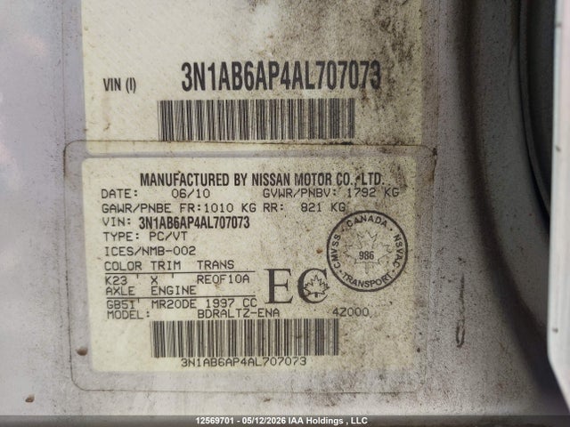 12569701 :رقم المزاد ، 3N1AB6AP4AL707073 vin ، 2010 Nissan Sentra 2.0s مزاد بيع