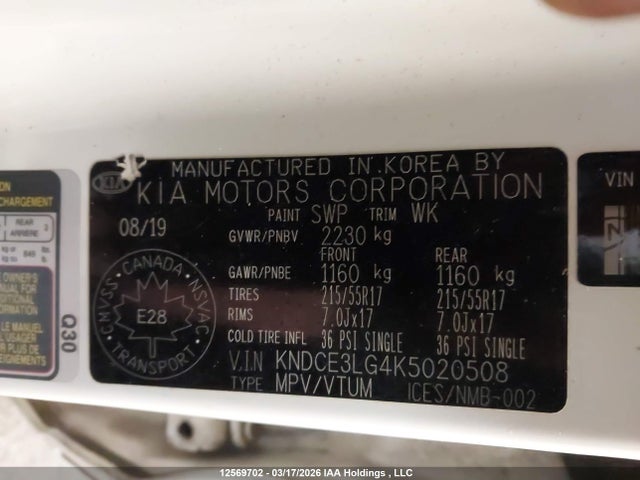 KNDCE3LG4K5020508 KIA Niro Ev Ex/sx Touring