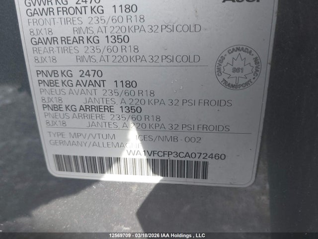 Aukcja sprzedaży 2012 Audi Q5 2.0t Premium Plus, vin: WA1VFCFP3CA072460, numer aukcji: 12569709