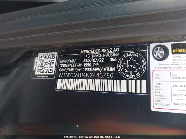 12569718 :رقم المزاد ، W1NYC6BJ4NX443780 vin ، 2022 Mercedes-benz G 550 4matic مزاد بيع