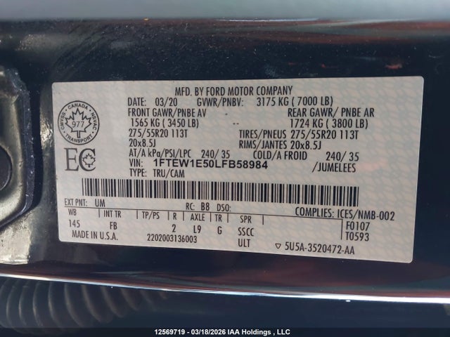 Продаж на аукціоні авто 2020 Ford F-150 Xlt, vin: 1FTEW1E50LFB58984, номер лоту: 12569719