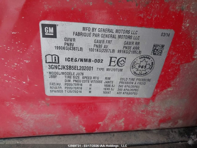 Aukcja sprzedaży 2014 Chevrolet Trax Ls, vin: 3GNCJKSB5EL202001, numer aukcji: 12569731
