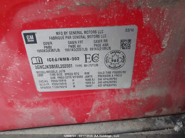 Aukcja sprzedaży 2014 Chevrolet Trax Ls, vin: 3GNCJKSB5EL202001, numer aukcji: 12569731
