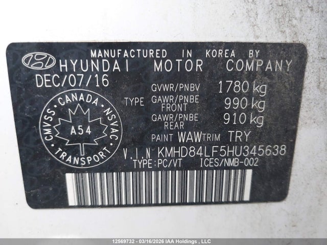 KMHD84LF5HU345638 Hyundai ELANTRA GL