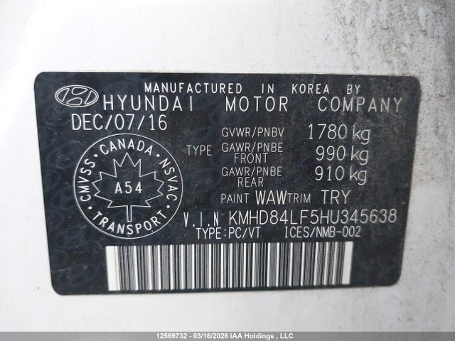 KMHD84LF5HU345638 Hyundai ELANTRA GL