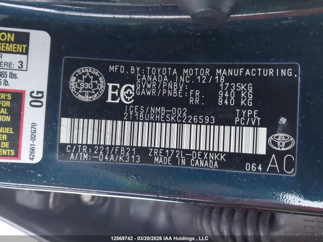 2019 Toyota Corolla Le მანქანა იყიდება აუქციონზე, vin: 2T1BURHE5KC226593, აუქციონის ნომერი: 12569742