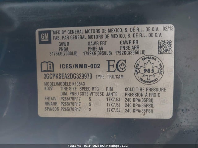 12569743 :رقم المزاد ، 3GCPKSEA2DG329970 vin ، 2013 Chevrolet Silverado 1500 Lt مزاد بيع