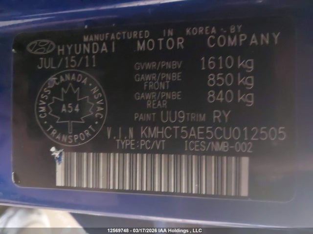 12569748 :رقم المزاد ، KMHCT5AE5CU012505 vin ، 2012 Hyundai Accent Gls/gs مزاد بيع