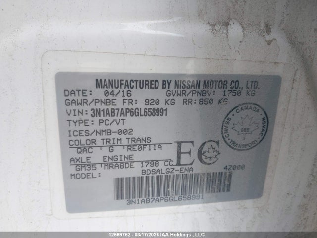 Aukcja sprzedaży 2016 Nissan Sentra S/sv/sr/sl, vin: 3N1AB7AP6GL658991, numer aukcji: 12569752