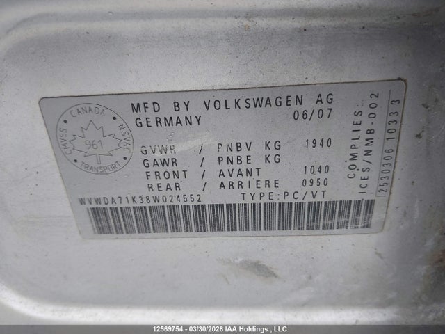 12569754 :رقم المزاد ، WVWDA71K38W024552 vin ، 2008 Volkswagen Rabbit مزاد بيع