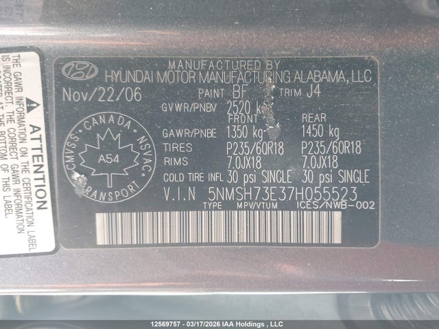Aukcja sprzedaży 2007 Hyundai Santa Fe, vin: 5NMSH73E37H055523, numer aukcji: 12569757