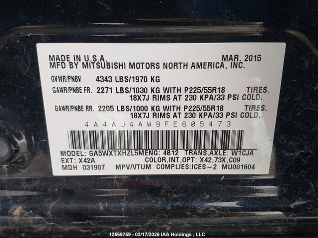 2015 Mitsubishi Rvr Gt მანქანა იყიდება აუქციონზე, vin: 4A4AJ4AW9FE605473, აუქციონის ნომერი: 12569759