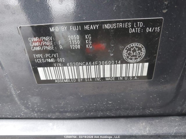 Aukcja sprzedaży 2015 Subaru Legacy, vin: 4S3BNCA64F3060014, numer aukcji: 12569764