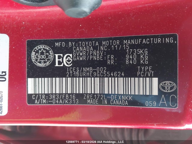 2T1BURHE9GC554624 Toyota Corolla