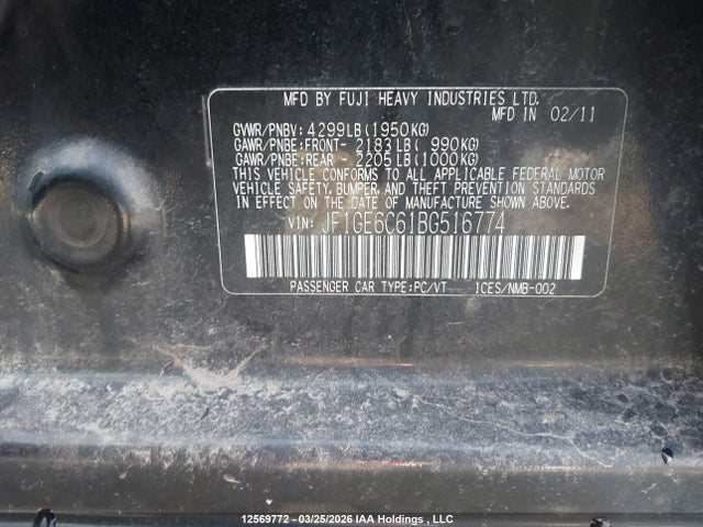 12569772 :رقم المزاد ، JF1GE6C61BG516774 vin ، 2011 Subaru Impreza 2.5 I Limited Package مزاد بيع
