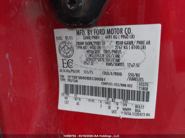 Aukcja sprzedaży 2011 Ford F-250 Xl, vin: 1FTBF2B60BEC99581, numer aukcji: 12569792