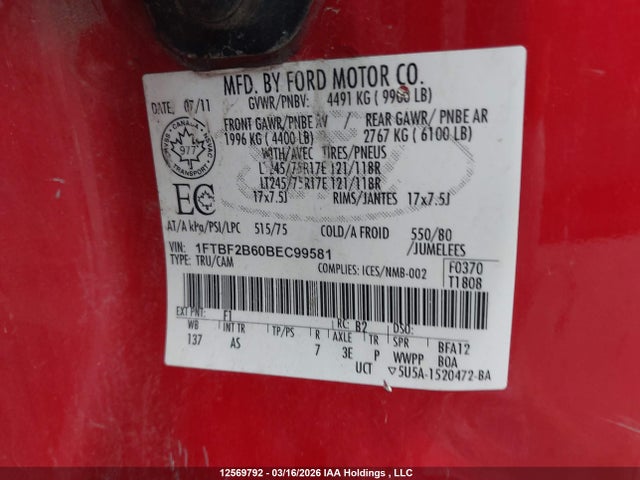 Aukcja sprzedaży 2011 Ford F-250 Xl, vin: 1FTBF2B60BEC99581, numer aukcji: 12569792