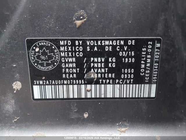12569815 :رقم المزاد ، 3VW2A7AU0FM079995 vin ، 2015 Volkswagen Golf Tdi مزاد بيع