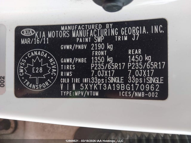 12569821 :رقم المزاد ، 5XYKT3A19BG170962 vin ، 2011 Kia Sorento Lx مزاد بيع